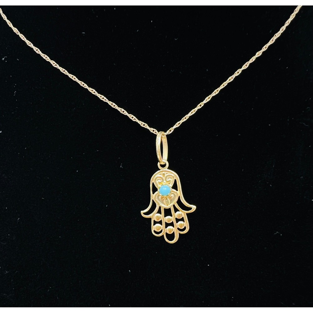 18K Yellow Gold Hamsa Turquoise Pendant with 14K Gold Chain Necklace